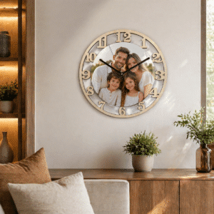 Round wall clock with a family photo at its center—a smiling man, woman, and two children.